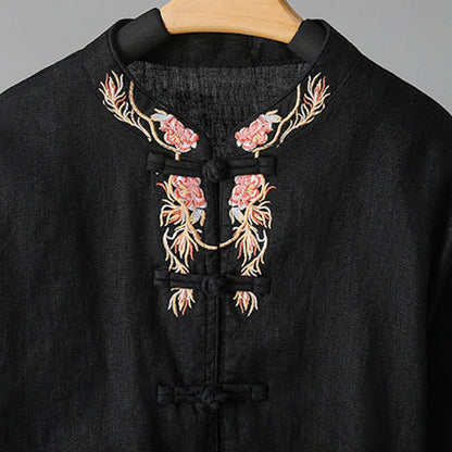 Buddha Stones Embroidery Flower Long Sleeve Frog-buttons Cotton Women's Shirt