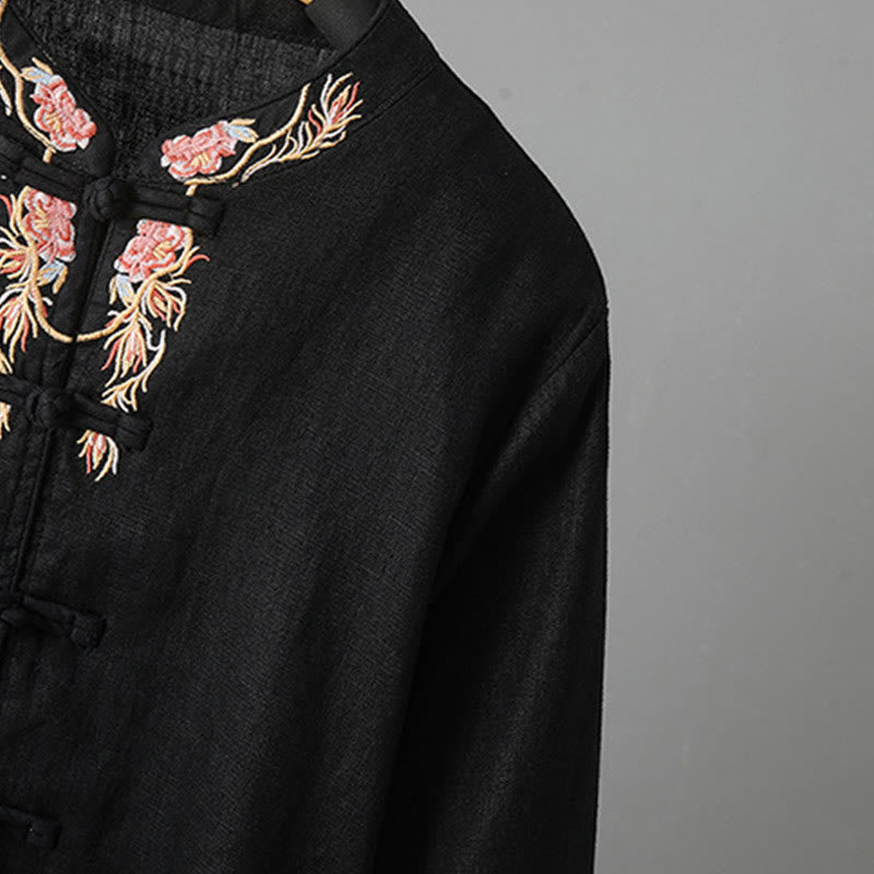 Buddha Stones Embroidery Flower Long Sleeve Frog-buttons Cotton Women's Shirt