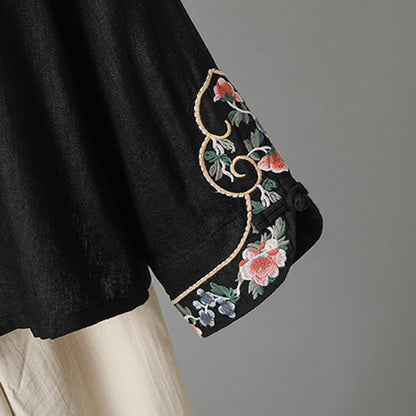 Buddha Stones Embroidery Flower Long Sleeve Frog-buttons Cotton Women's Shirt