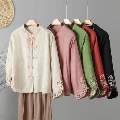 Buddha Stones Embroidery Flower Long Sleeve Frog-buttons Cotton Women's Shirt