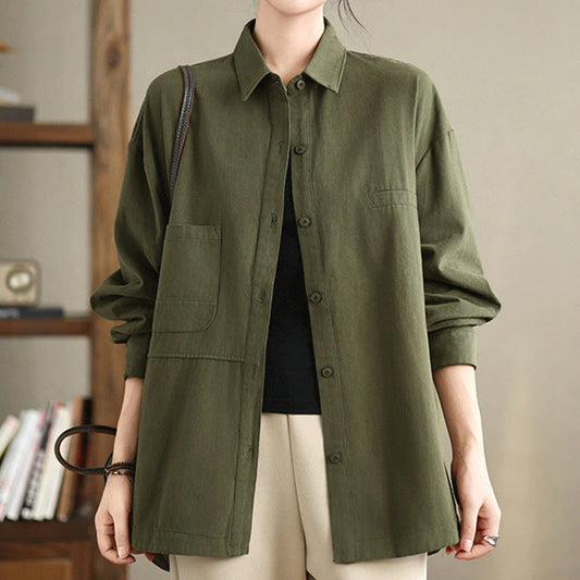 Buddha Stones Casual Plain Long Sleeve Cotton Women's Shirt With Pockets