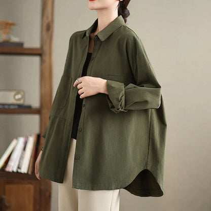 Buddha Stones Casual Plain Long Sleeve Cotton Women's Shirt With Pockets