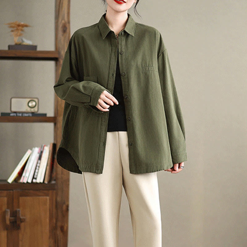 Buddha Stones Casual Plain Long Sleeve Cotton Women's Shirt With Pockets