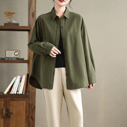 Buddha Stones Casual Plain Long Sleeve Cotton Women's Shirt With Pockets