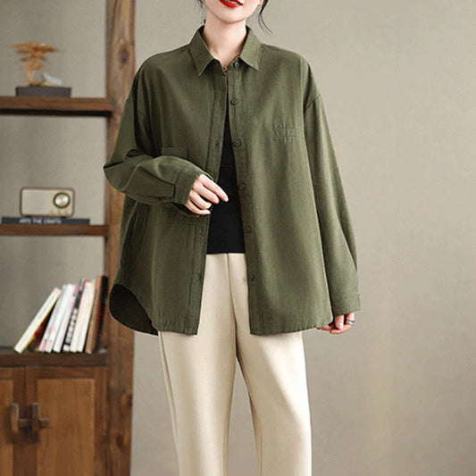 Buddha Stones Casual Plain Long Sleeve Cotton Women's Shirt With Pockets