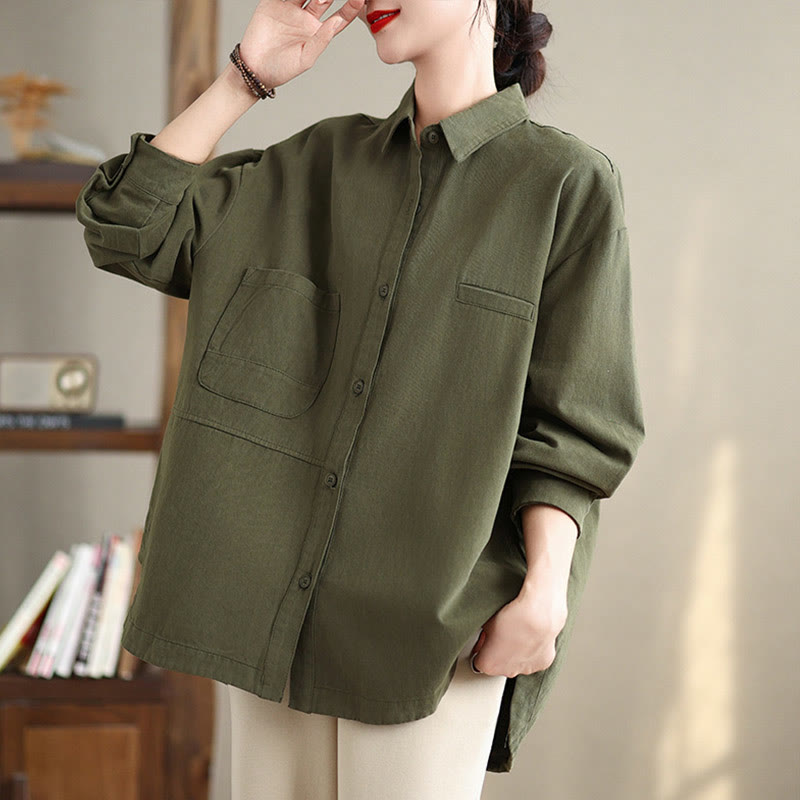 Buddha Stones Casual Plain Long Sleeve Cotton Women's Shirt With Pockets
