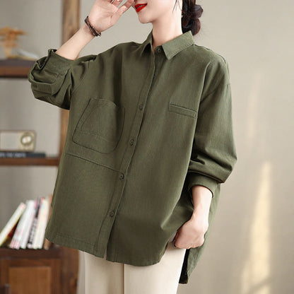 Buddha Stones Casual Plain Long Sleeve Cotton Women's Shirt With Pockets