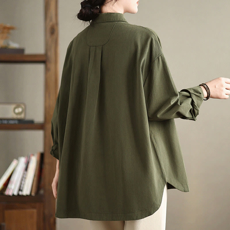 Buddha Stones Casual Plain Long Sleeve Cotton Women's Shirt With Pockets