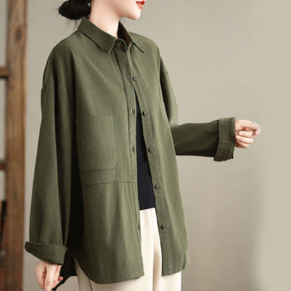 Buddha Stones Casual Plain Long Sleeve Cotton Women's Shirt With Pockets