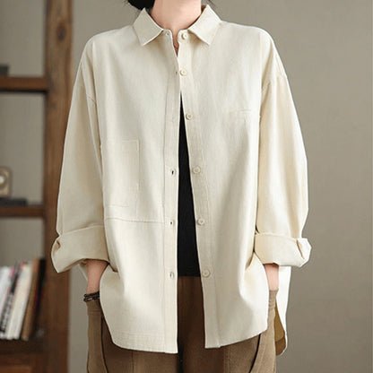 Buddha Stones Casual Plain Long Sleeve Cotton Women's Shirt With Pockets