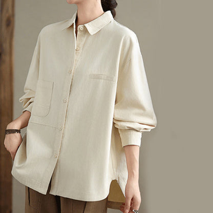 Buddha Stones Casual Plain Long Sleeve Cotton Women's Shirt With Pockets
