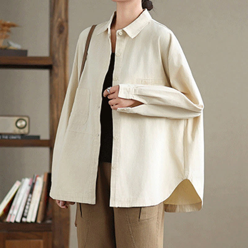 Buddha Stones Casual Plain Long Sleeve Cotton Women's Shirt With Pockets