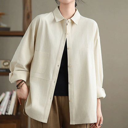 Buddha Stones Casual Plain Long Sleeve Cotton Women's Shirt With Pockets