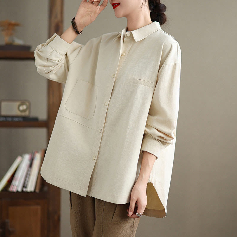 Buddha Stones Casual Plain Long Sleeve Cotton Women's Shirt With Pockets