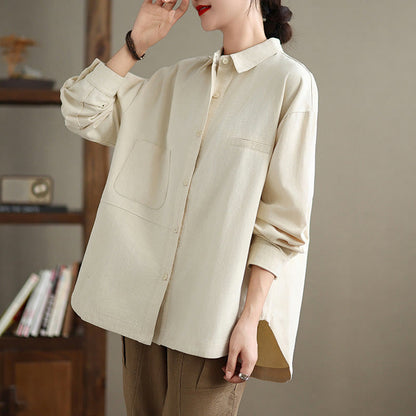 Buddha Stones Casual Plain Long Sleeve Cotton Women's Shirt With Pockets