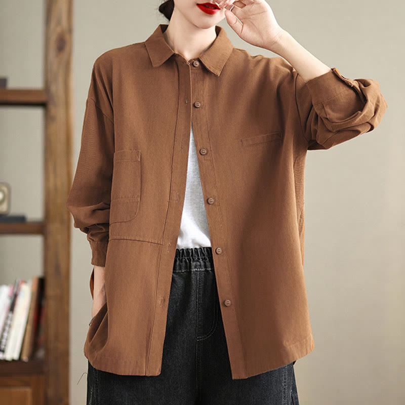 Buddha Stones Casual Plain Long Sleeve Cotton Women's Shirt With Pockets