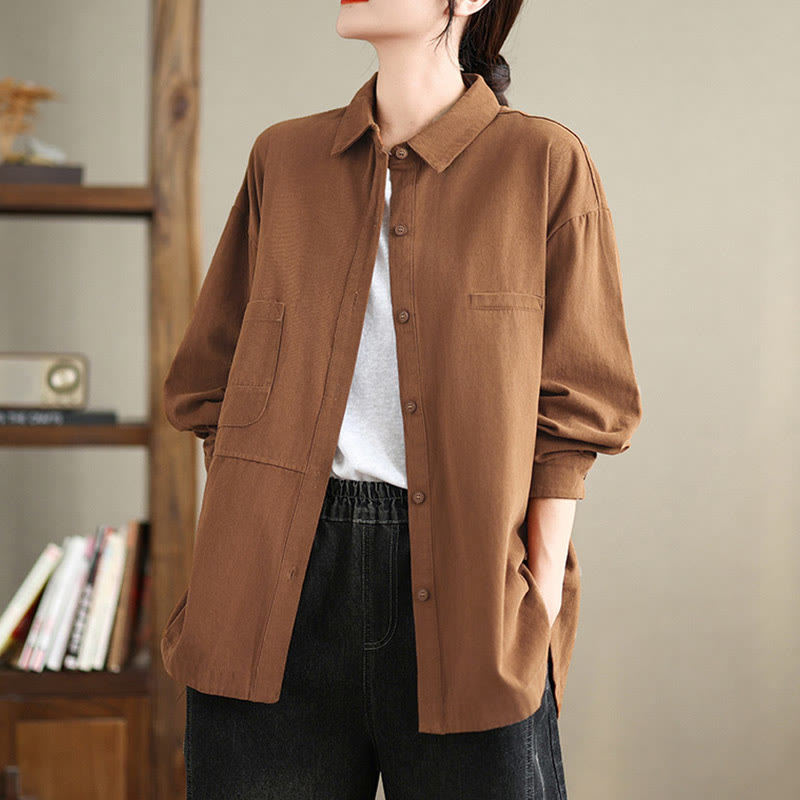 Buddha Stones Casual Plain Long Sleeve Cotton Women's Shirt With Pockets