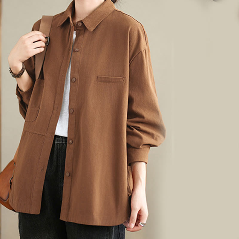 Buddha Stones Casual Plain Long Sleeve Cotton Women's Shirt With Pockets