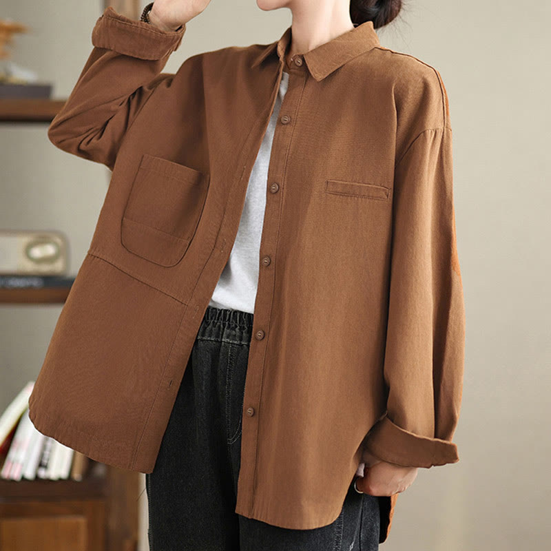 Buddha Stones Casual Plain Long Sleeve Cotton Women's Shirt With Pockets