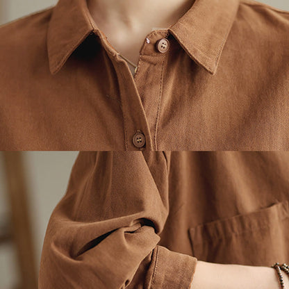 Buddha Stones Casual Plain Long Sleeve Cotton Women's Shirt With Pockets