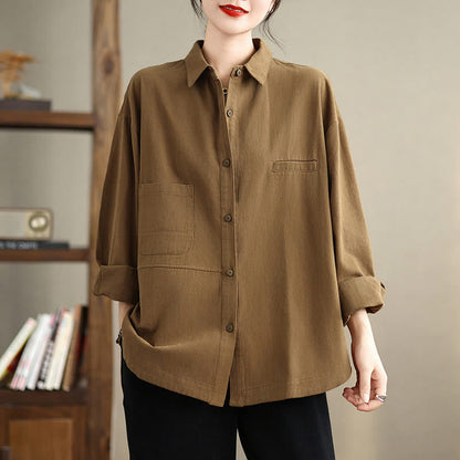 Buddha Stones Casual Plain Long Sleeve Cotton Women's Shirt With Pockets
