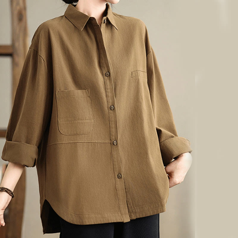 Buddha Stones Casual Plain Long Sleeve Cotton Women's Shirt With Pockets