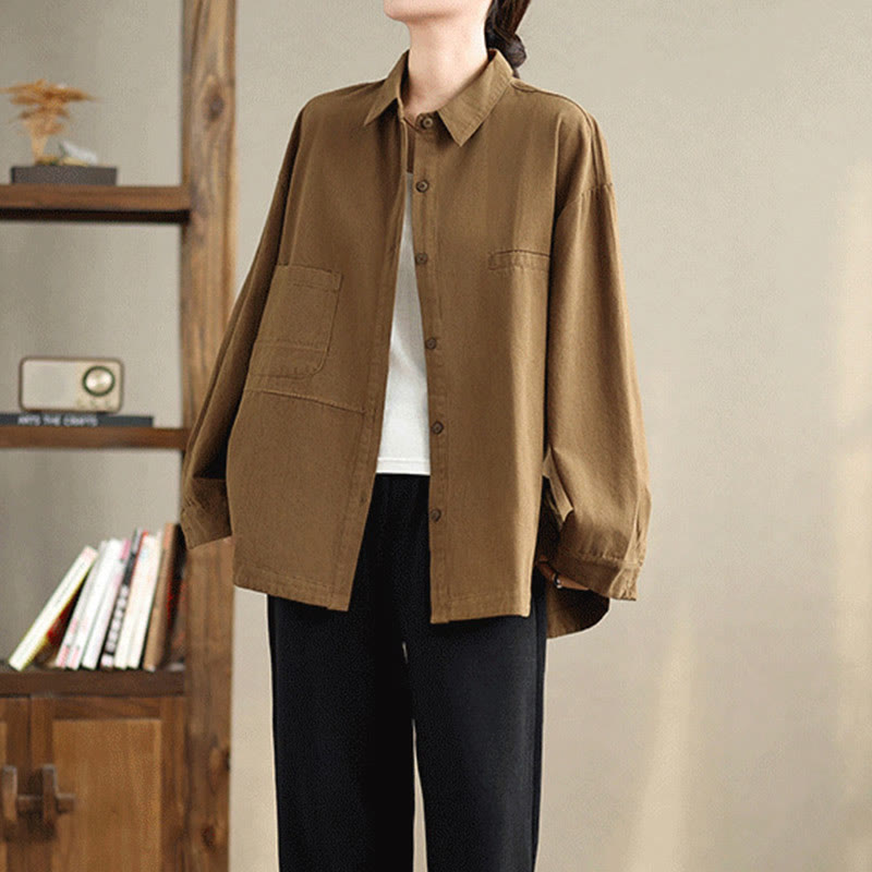 Buddha Stones Casual Plain Long Sleeve Cotton Women's Shirt With Pockets