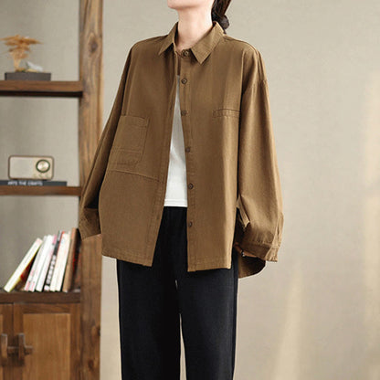 Buddha Stones Casual Plain Long Sleeve Cotton Women's Shirt With Pockets