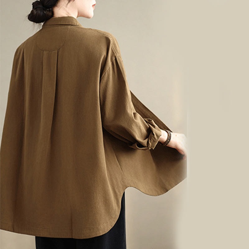 Buddha Stones Casual Plain Long Sleeve Cotton Women's Shirt With Pockets