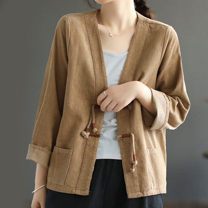 Buddha Stones Women's Cotton Long Sleeve Corduroy Jacket With Pockets