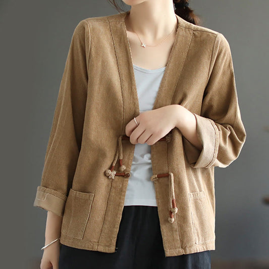Buddha Stones Women's Cotton Long Sleeve Corduroy Jacket With Pockets