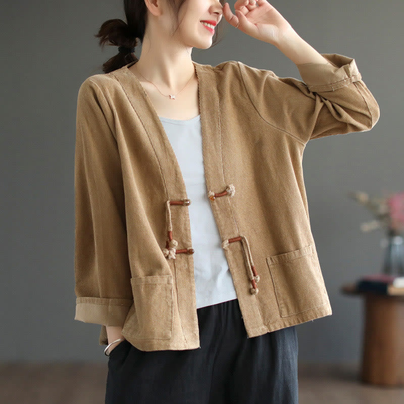 Buddha Stones Women's Cotton Long Sleeve Corduroy Jacket With Pockets