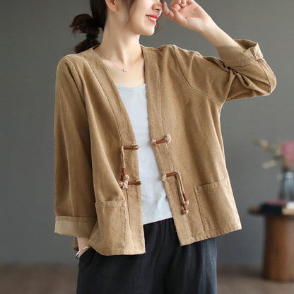 Buddha Stones Women's Cotton Long Sleeve Corduroy Jacket With Pockets