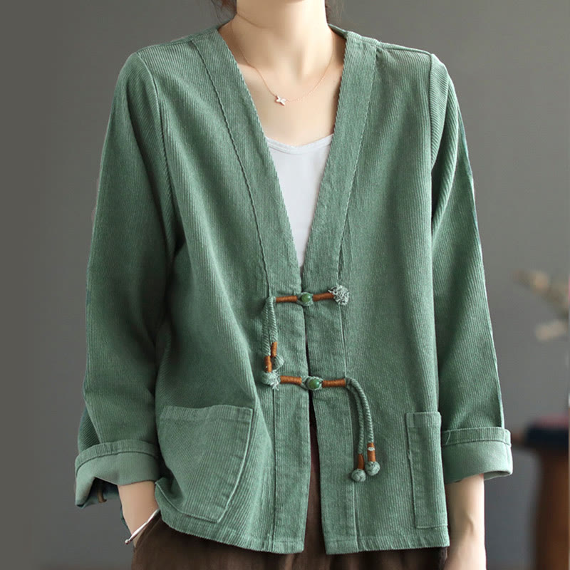 Buddha Stones Women's Cotton Long Sleeve Corduroy Jacket With Pockets