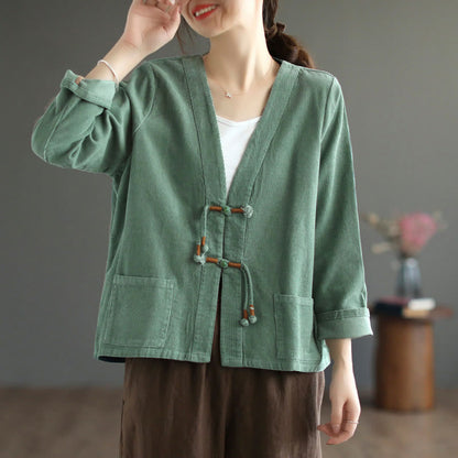 Buddha Stones Women's Cotton Long Sleeve Corduroy Jacket With Pockets