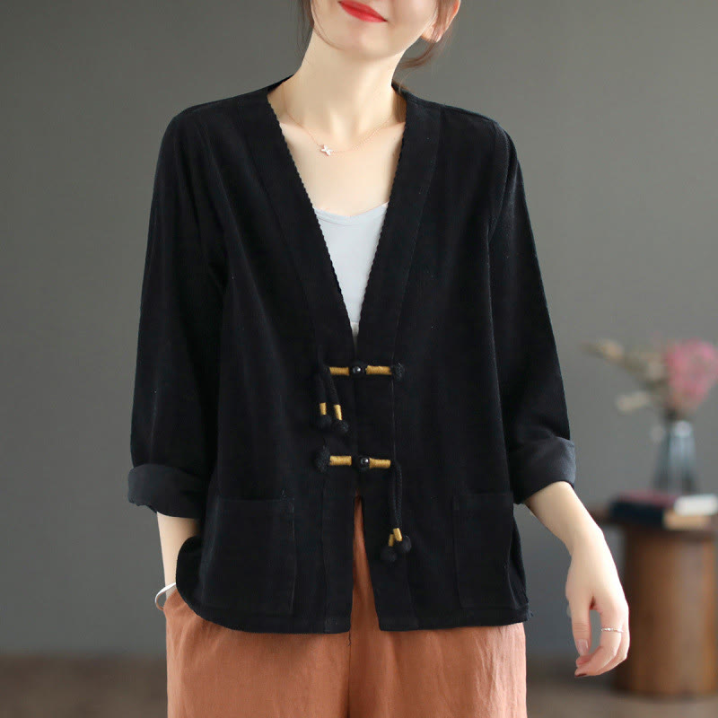 Buddha Stones Women's Cotton Long Sleeve Corduroy Jacket With Pockets