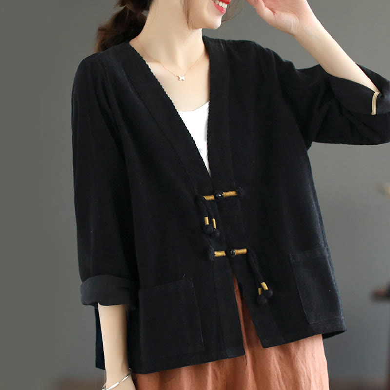 Buddha Stones Women's Cotton Long Sleeve Corduroy Jacket With Pockets