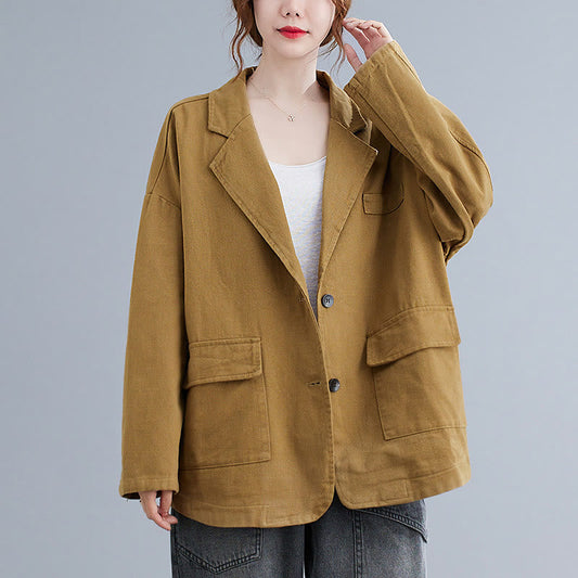Buddha Stones Solid Color Women's Long Sleeve Cotton Blazer Jacket With Pockets