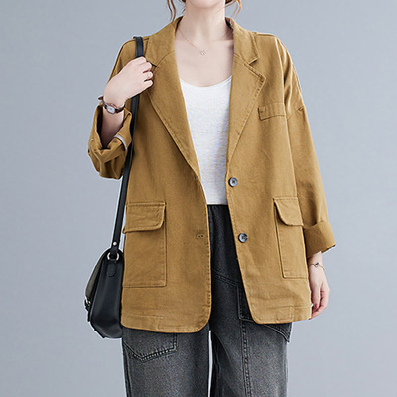 Buddha Stones Solid Color Women's Long Sleeve Cotton Blazer Jacket With Pockets