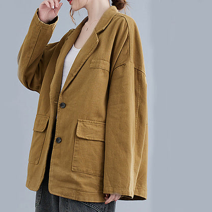 Buddha Stones Solid Color Women's Long Sleeve Cotton Blazer Jacket With Pockets