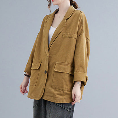 Buddha Stones Solid Color Women's Long Sleeve Cotton Blazer Jacket With Pockets