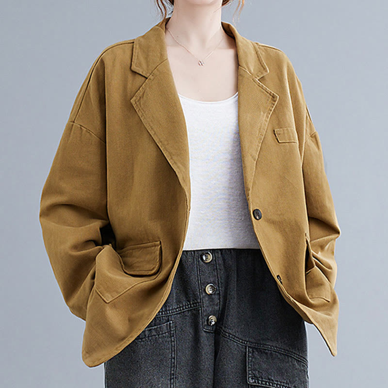 Buddha Stones Solid Color Women's Long Sleeve Cotton Blazer Jacket With Pockets