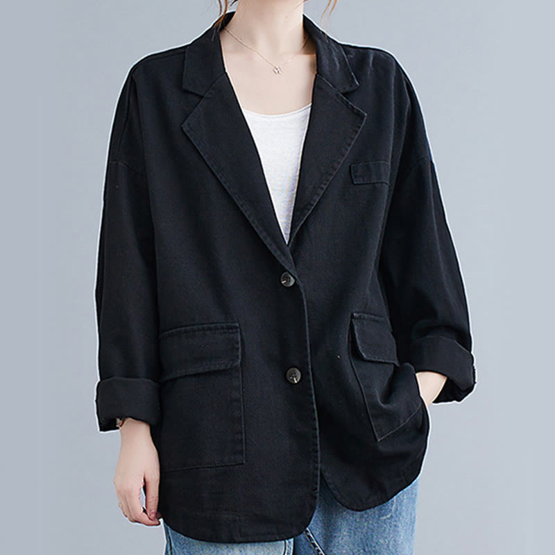 Buddha Stones Solid Color Women's Long Sleeve Cotton Blazer Jacket With Pockets