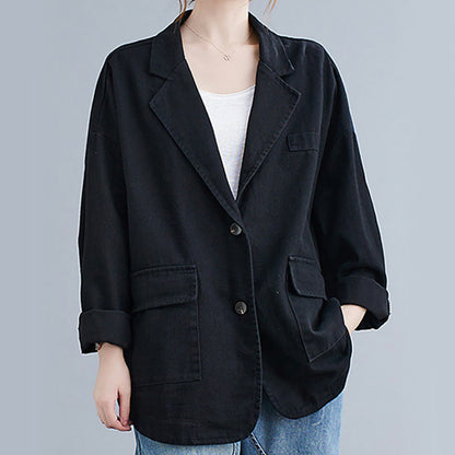 Buddha Stones Solid Color Women's Long Sleeve Cotton Blazer Jacket With Pockets