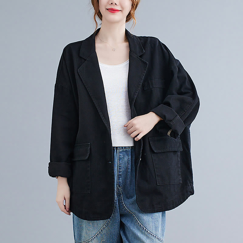 Buddha Stones Solid Color Women's Long Sleeve Cotton Blazer Jacket With Pockets