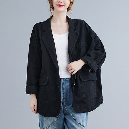 Buddha Stones Solid Color Women's Long Sleeve Cotton Blazer Jacket With Pockets