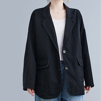 Buddha Stones Solid Color Women's Long Sleeve Cotton Blazer Jacket With Pockets