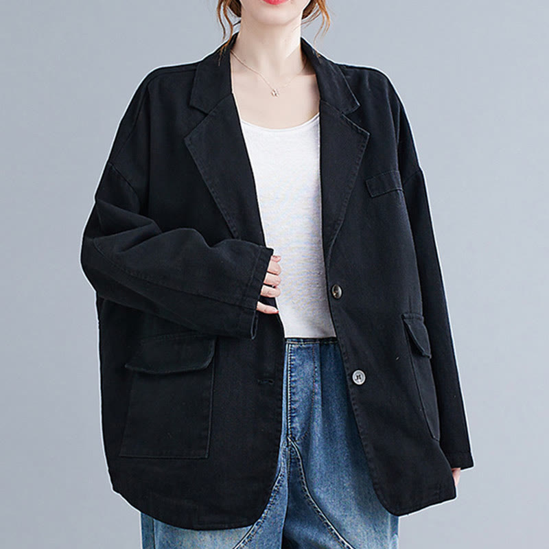 Buddha Stones Solid Color Women's Long Sleeve Cotton Blazer Jacket With Pockets