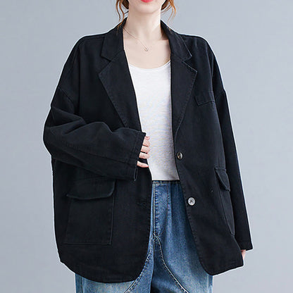 Buddha Stones Solid Color Women's Long Sleeve Cotton Blazer Jacket With Pockets