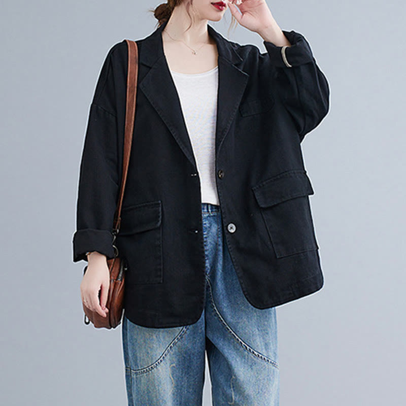 Buddha Stones Solid Color Women's Long Sleeve Cotton Blazer Jacket With Pockets